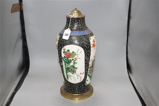 A Chinese enamelled porcelain vase, mounted as a table lamp, height overall 46cm, height of vase without mounts 40cm